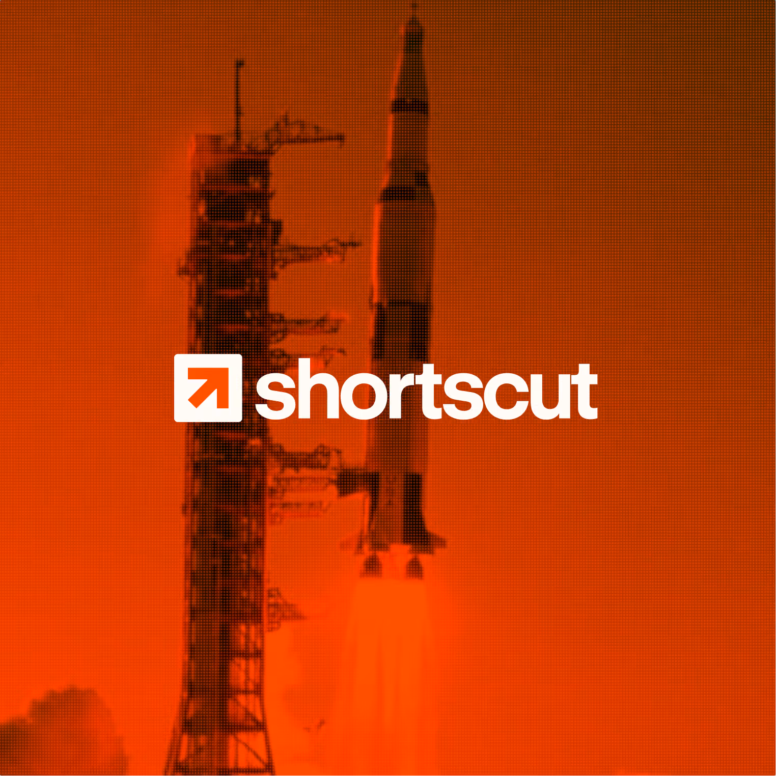 Shortscut logo in white over a red-orange halftone photo of a rocket lifting off beside its launch tower.